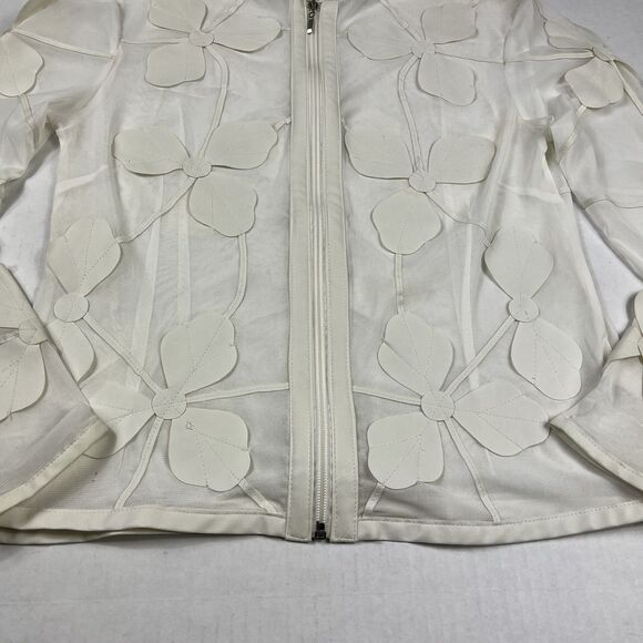 Dolce Cabo Ivory Mesh Floral Appliqué Zip Blouse Jacket Womens Small Sheer FLAW - Picture 2 of 12